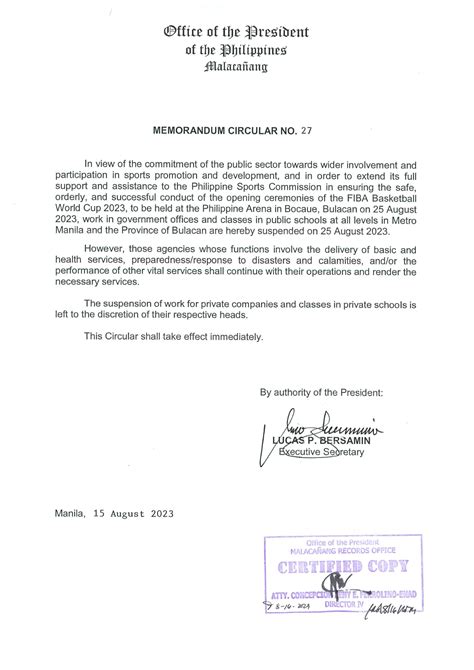 Memorandum Circular No. 27, s. 2023 – Presidential Communications Office
