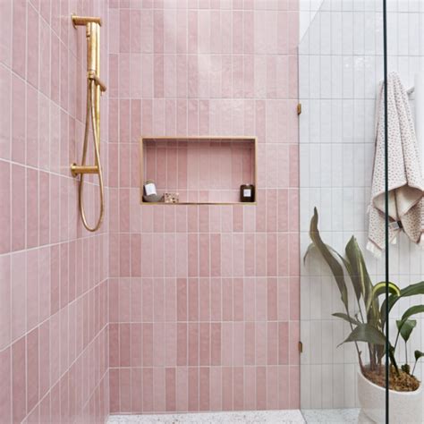 Pink Tile Inspiration | Bathroom feature wall, Pink bathroom, Pink tiles