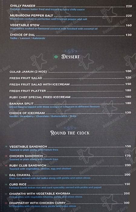 Menu at The Ruby Arena, Thiruvananthapuram