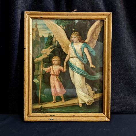 Lovely Framed Antique Spanish Print of The Holy Guardian Angel with ...