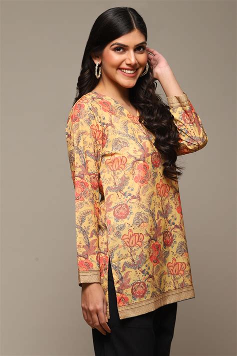 Mustard Cotton Blend Printed Kurti