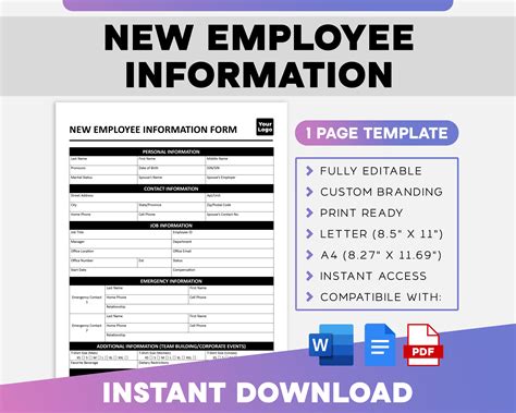 New Employee Information Form | New Hire Form Paperwork | HR Template ...