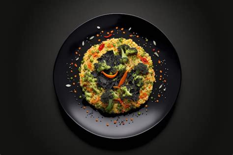 Black background with a black plate of veggie and spice risotto ...