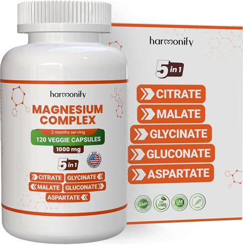 Amazon.com: HARMONIFY Magnesium Glycinate Citrate Malate Aspartate Gluconate, 5 in 1 Formula ...