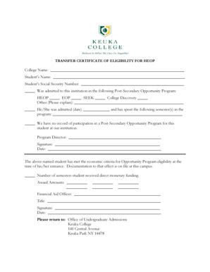 Fillable Online admissions keuka TRANSFER CERTIFICATE OF ELIGIBILITY ...