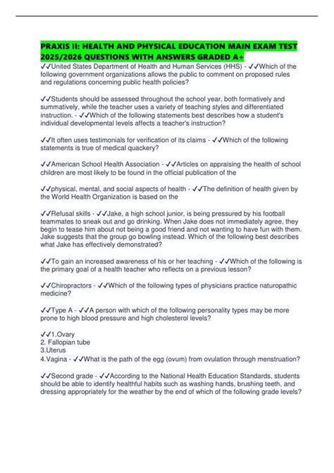 PRAXIS II: HEALTH AND PHYSICAL EDUCATION MAIN EXAM TEST 2025/2026 QUESTIONS WITH ANSWERS GRADED ...