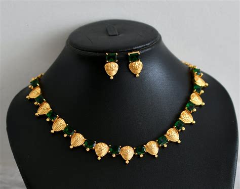 Gold tone bottle green block stone necklace set dj-48230 – dreamjwell