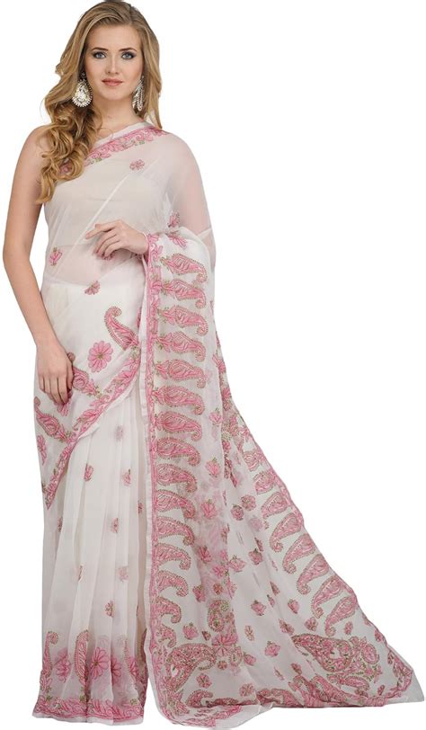 Exotic India Egret-White and Pink Saree from Lucknow with Chikan Hand ...