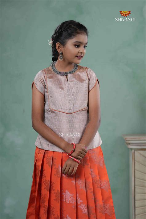 Orange Copper Rose Traditional Pattu Pavadai Set for Girls