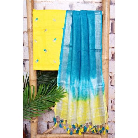 Linen Cotton Salwar Suit with Top Embroidery Work and Shibori Dupatta ...