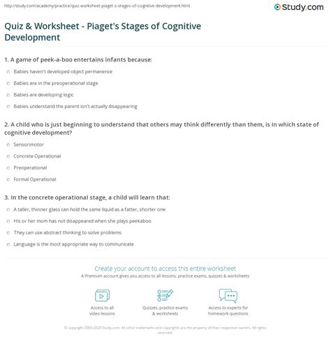Quiz & Worksheet - Piaget's Stages of Cognitive Development | Study.com