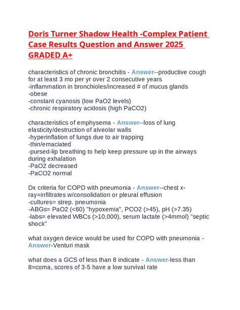 Doris Turner Shadow Health -Complex Patient Case Results Question and ...