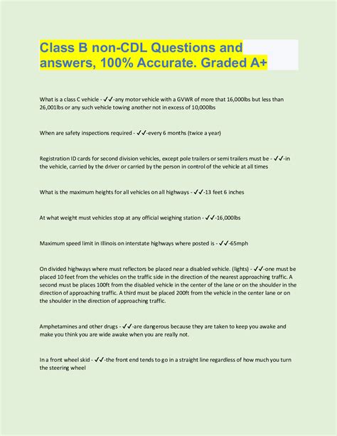 Class B non-CDL Questions and answers, 100% Accurate. Graded A+ What is ...