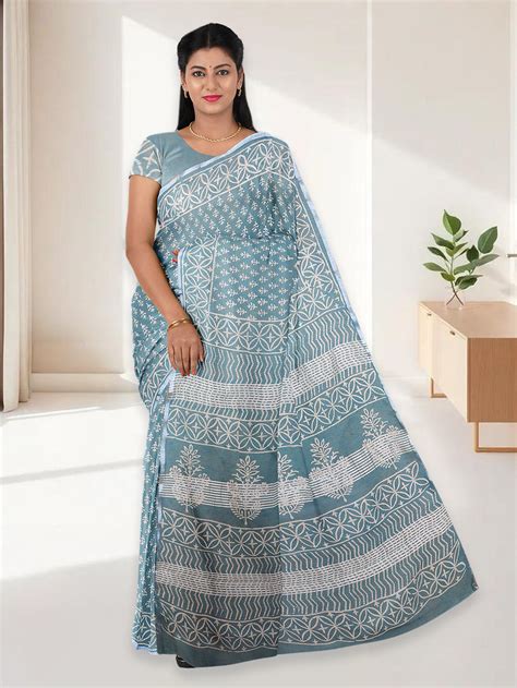 Women Teal Blue Semi Tussar Printed Saree ST304