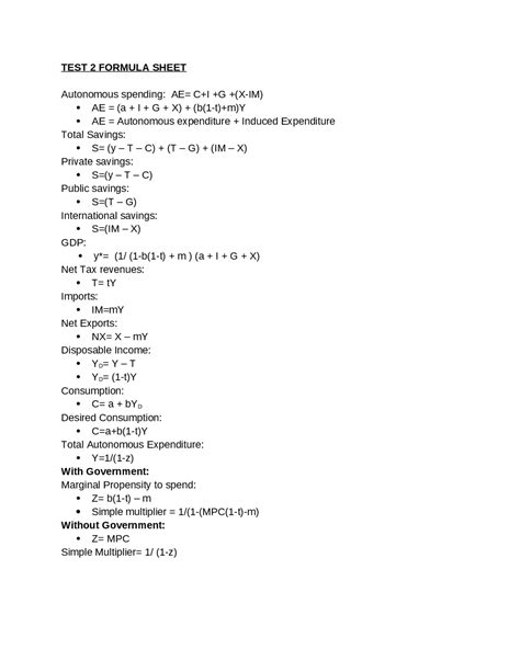 Test 2 Formula Sheet | Principles of Macroeconomics | ECON 2010 - Docsity