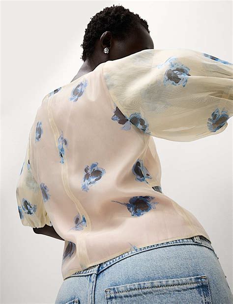 Buy Organza Floral V-Neck Puff Sleeve Blouse at Marks & Spencer