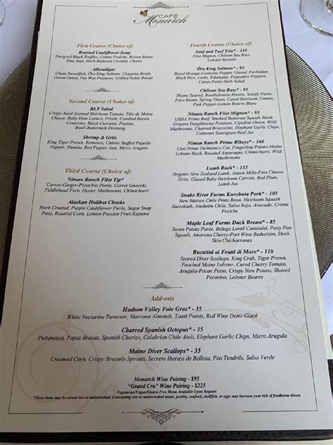 Menu at Cafe Monarch, Scottsdale