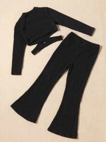 SHEIN Tween Girl Criss Cross Cut Out Hem Tee & Flare Leg Pants | SHEIN USA