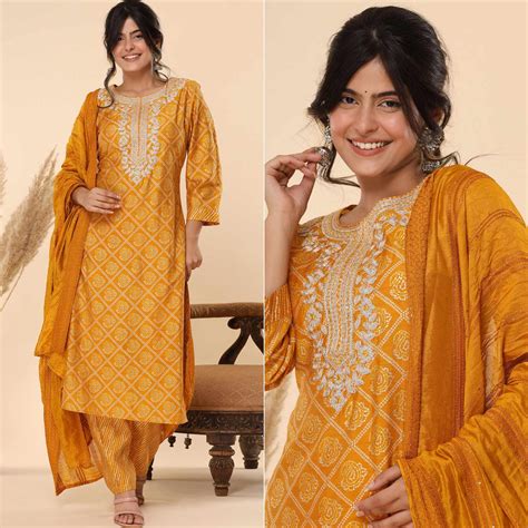 Mustard Printed With Embroidered Chanderi Kurti Pant Set With Dupatta