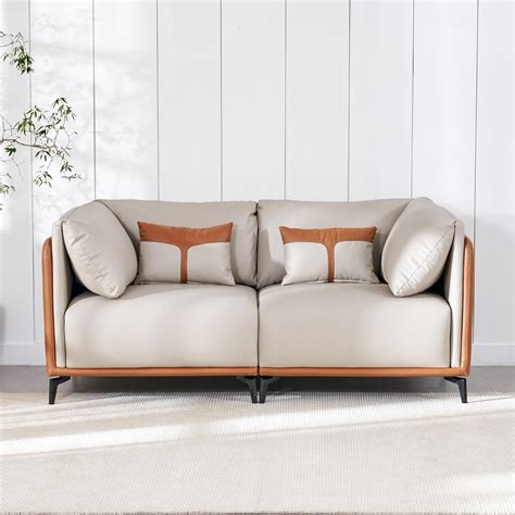 Buy Bosco Faux Leather 2-Seater Sofa with Cushions - Beige and Brown ...