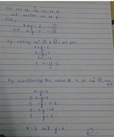 The sum of two numbers is 8 and their difference is four. find the ...