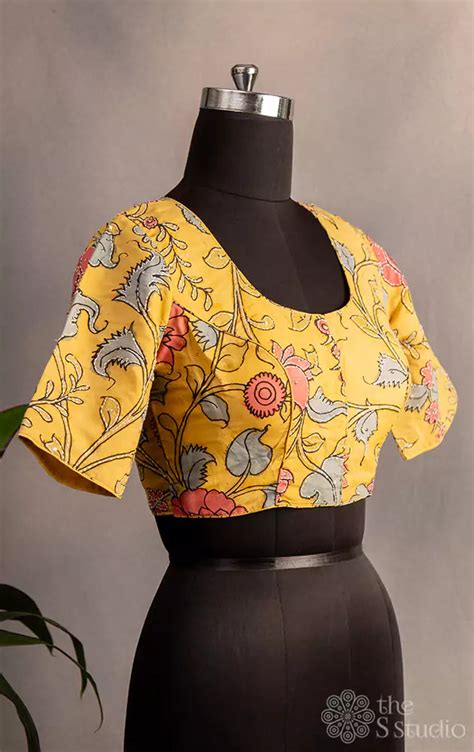 Buy pen kalamkari hand painted silk blouse with embroidery