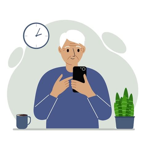 Grandpa holds a mobile phone in his hand. elderly man learning to use ...