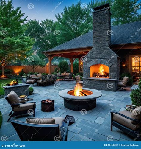 Patio with and Fire Place in the Middle of the Yard with Grill and ...