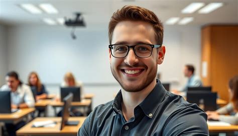 Medium portrait of young cheerful male it class teacher smiling at ...