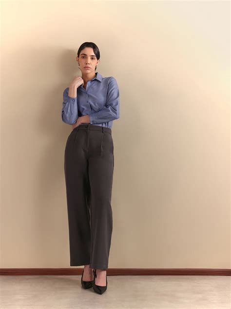 Buy Dark Grey Pleated Wide Leg Trousers Online | FableStreet