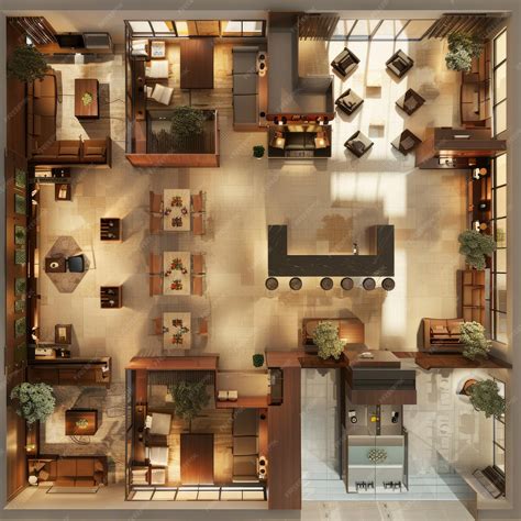 Comprehensive 25D floor plan of a hotel lobby integrating reception bar ...
