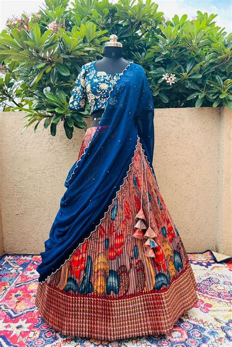 Blue & Peach Kalamkari Silk Lehenga – myRiti