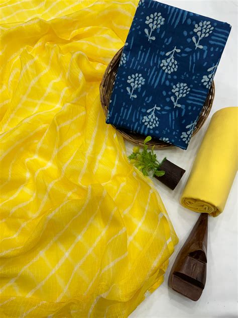 Indigo dabu Printed cotton Suit With kota Doriya Dupatta – Bagru ...
