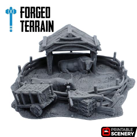 Oxen Enclosure, Farm Village Setting Animals and Accessories, Fantasy Building Barn Scenery ...