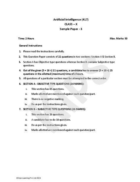 AI (417) Class 10 Sample Paper 3: Objective & Subjective Questions ...