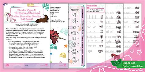 Phase 3 Unicorn-Themed Letter Formation Practice Left-Handed