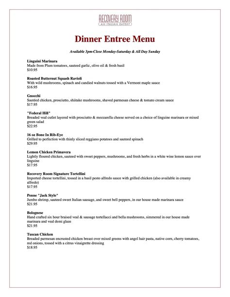 Menu at Recovery Room restaurant, New London