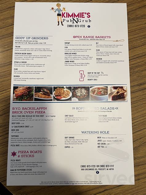 Kimmie's Pub N Grub menu in Prescott, Michigan, USA