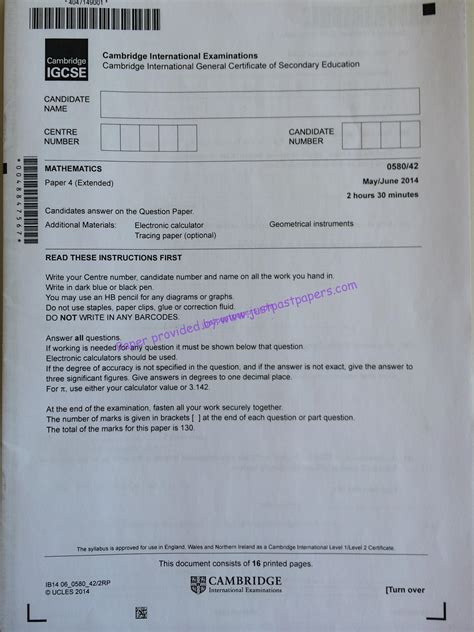 CIE 0580, IGCSE Extended, Paper 42, May/June 2014 - Mathematics ...