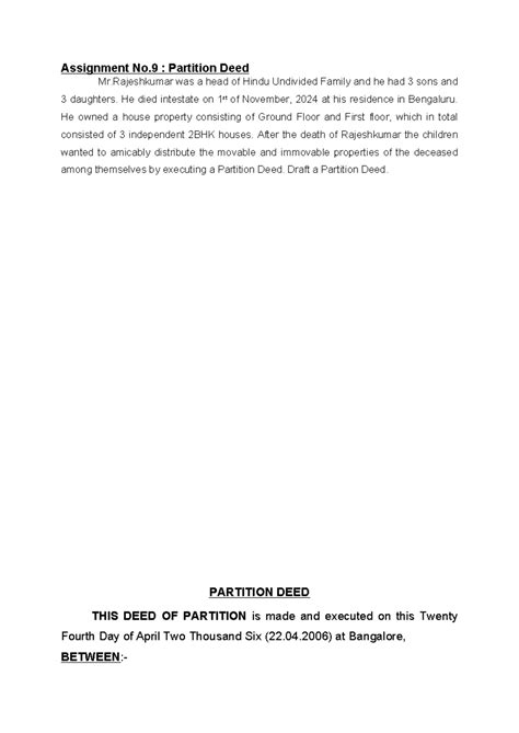 Partition Deed Draft for HUF Property Distribution - Assignment No.9 ...
