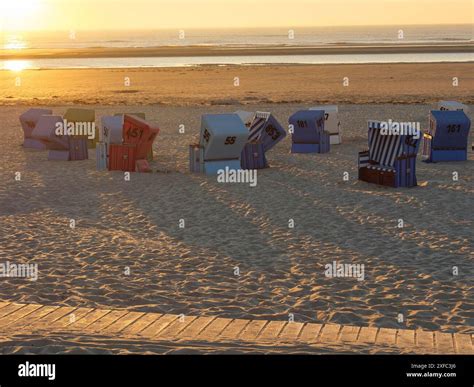 Colourful beach chairs cast long shadows in the sand at sunset ...