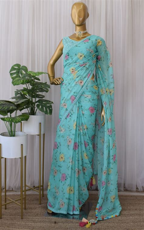 Sea Green Floral Printed Georgette Saree with Cutwork Blouse