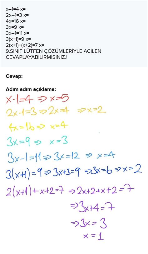 x–1=4 x= 2x–1=3 x= 4x=16 x= 3x=9 x= 3x–1=11 x= 3(x+1)=9 x= 2(x+1)+(x+2 ...