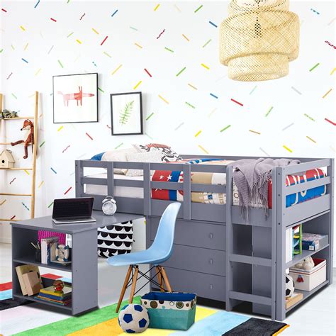 Naomi Home Grey Twin Size Loft Bed With Desk Bookcase | Desertcart INDIA