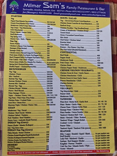 Menu at Milmar Sams, Assolna