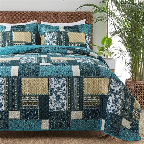 Amazon.com: TWINRUN Quilt Queen Size, Cotton Blue Turquoise Queen Quilt ...