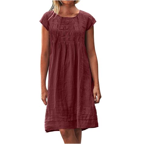 bnaln Women's Cotton Linen Midi Dress Plus Size Cap Sleeve Pleated ...