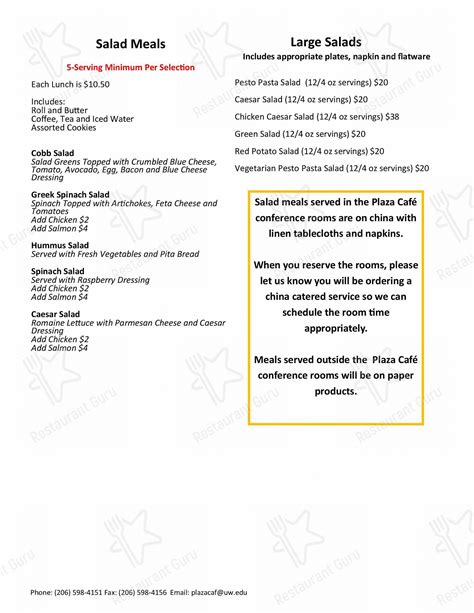 Menu at UWMC Plaza Cafe, Seattle