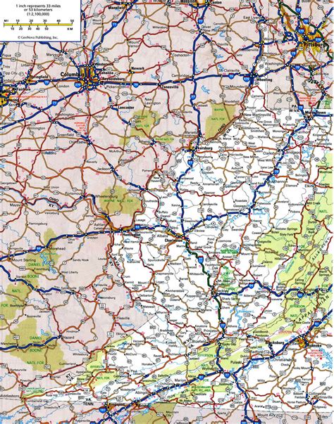 Detailed roads map of Virginia and West Virginia 2021 highway cities towns