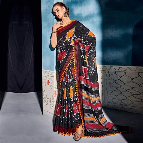 Black Printed Cotton Blend Saree With Pumpum Lace